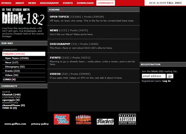 screenshot of the old blink-182.com website community forums page